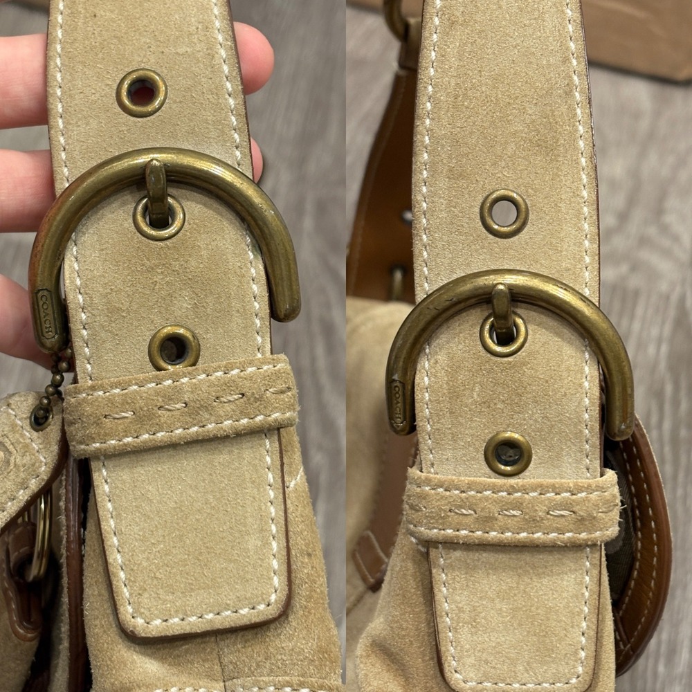 VTG 00s Coach Soho Tan Suede Leather Flap Shoulder Bag Buckle 9692 Sufflette Y2K - Picture 10 of 13